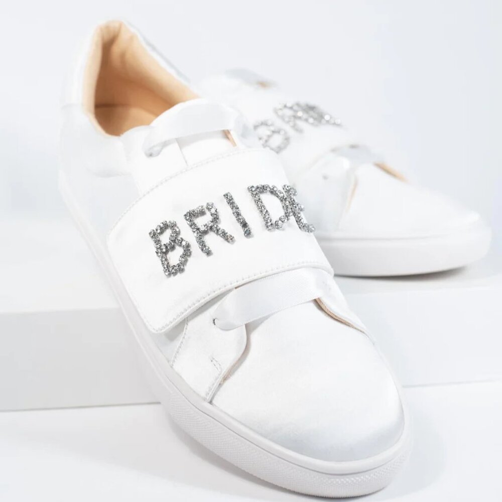 Betsey Johnson Liana Rhinestone Bride Sneakers Lace-Up Snap White Satin Fabric